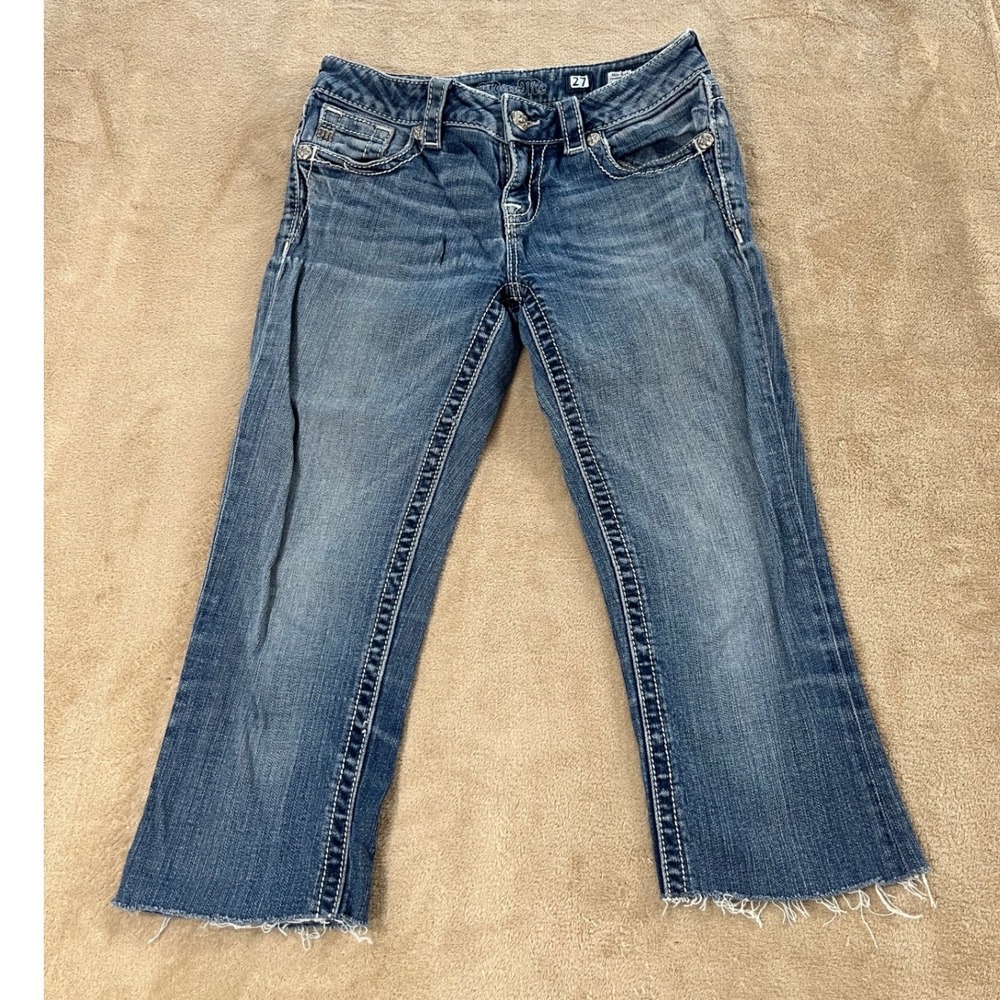 Miss Me‎ Jeans Womens size 27 Blue Mid Rise Boot Cut Raw Hem Denim